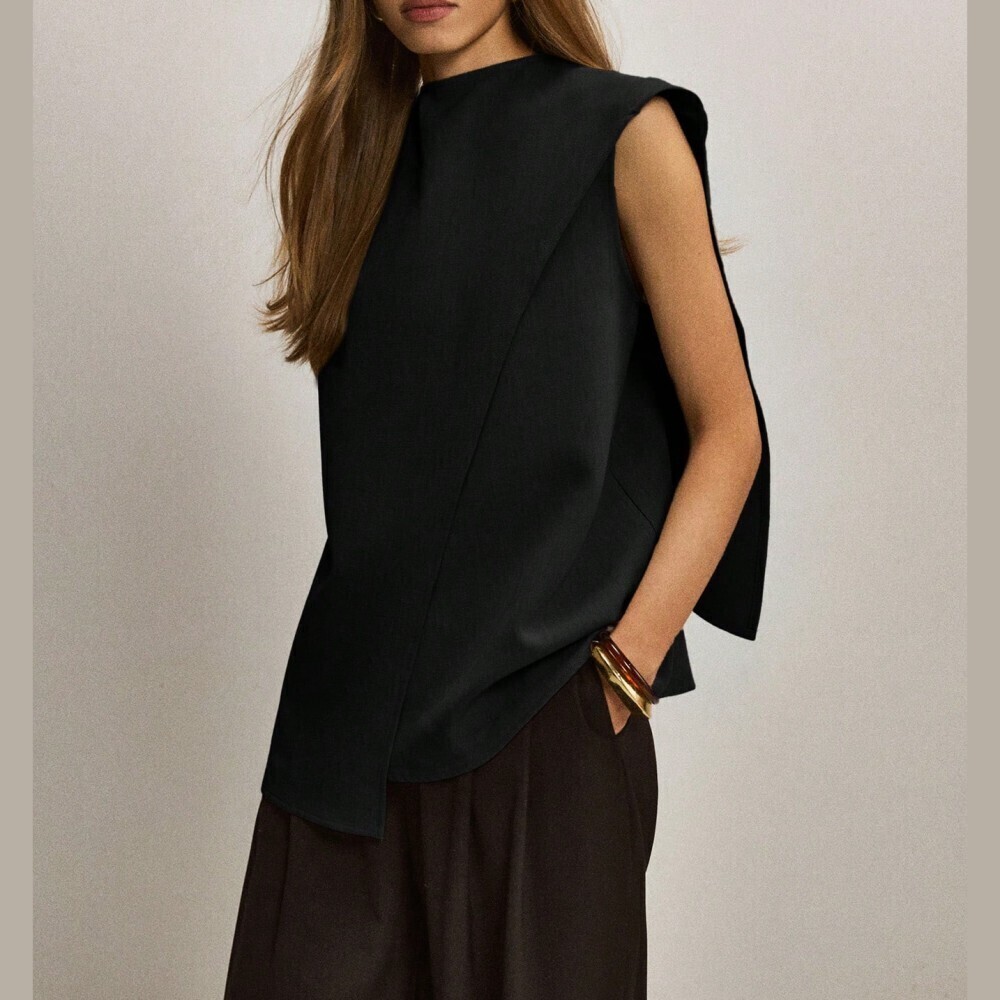Black Draped Asymmetric Shoulder Stand Collar Sleeveless Vest